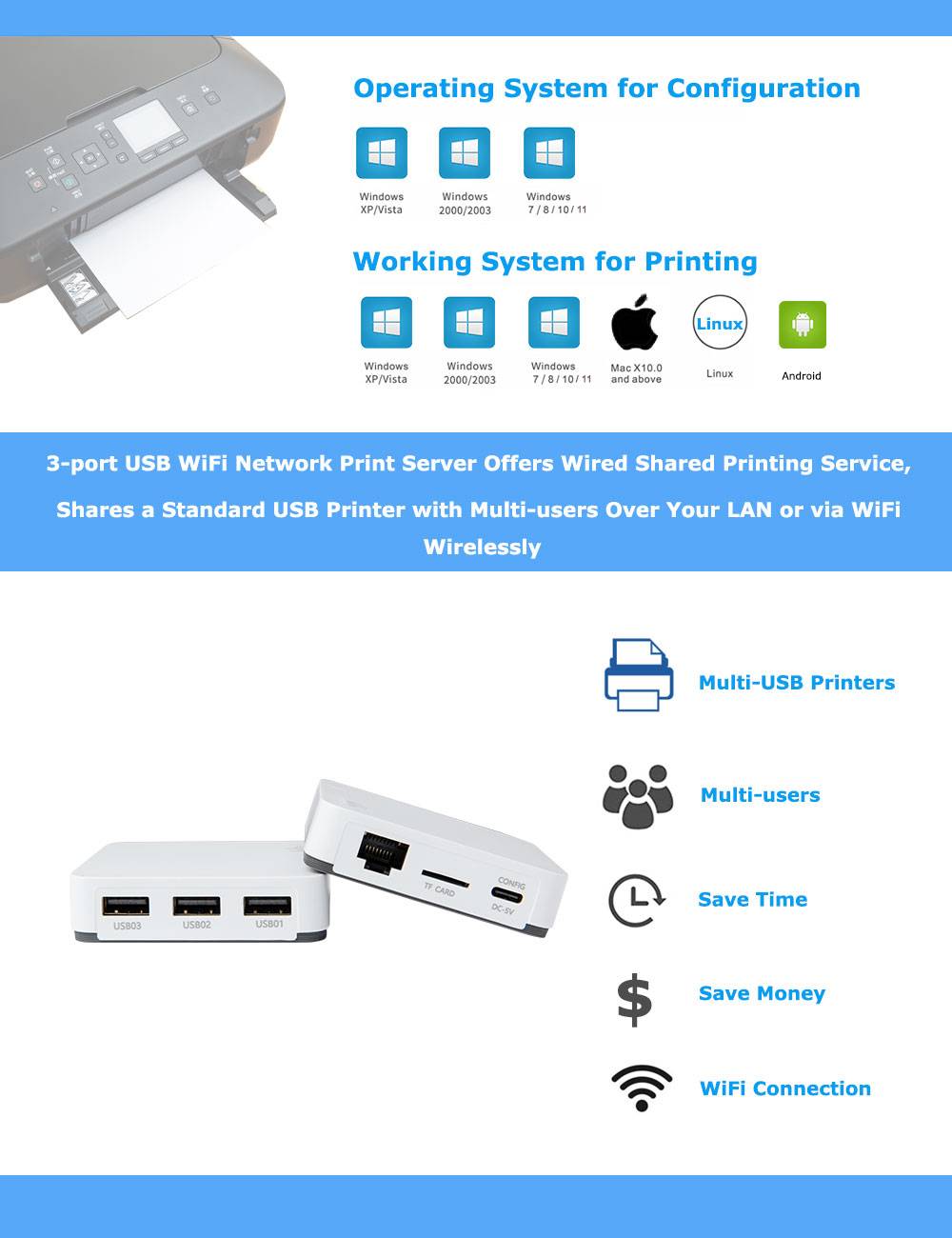 thumbnail interactive-video image 1 of DAUERHAFT USB 2.0 Network Print Server - Multiple Interface Printer Sharing Device With Image Support 1 of 4