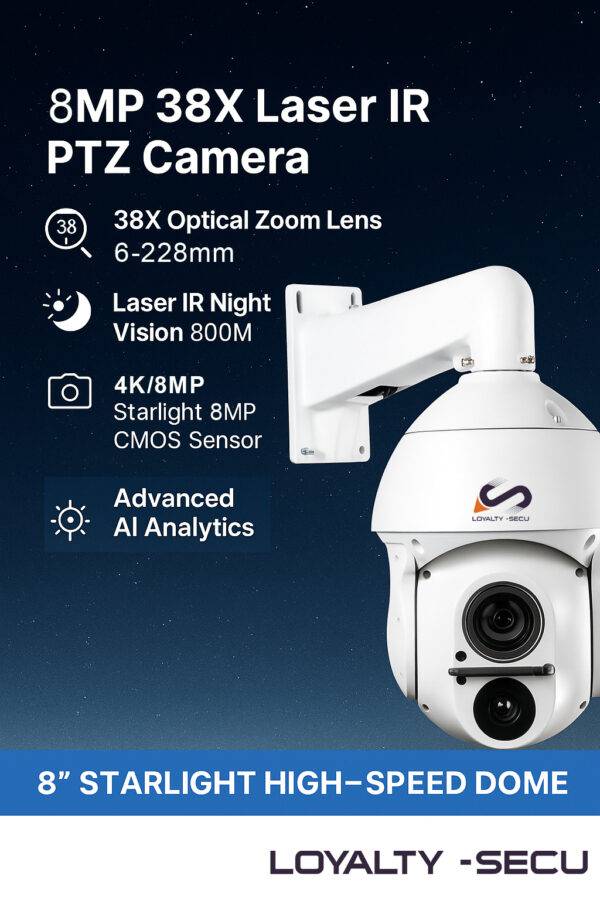 Ultra HD 4K 8MP AI PTZ Camera – 38X Zoom, 800M Laser IR, High-Speed Precision